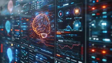 A neural network visualizing patient health trends and outcomes, screens filled with flowing data charts and neural connections