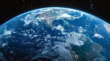A close-up shot of Planet Earth, highlighting its blue oceans and white clouds, symbolizing globalization and international interconnectedness.