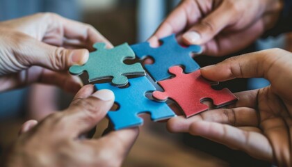 Hands Connecting Colorful Puzzle Pieces.