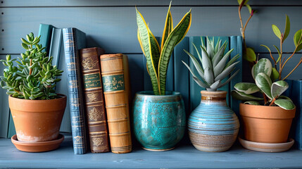 Bookshelves with houseplants in blue and yellow pots, and books on the background. Home office concept.