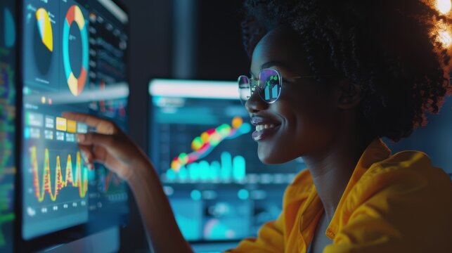 Black female IT technician, using laptop, using big data statistics and graphs. Smiling creative software engineer, working on eCommerce marketing and development projects.