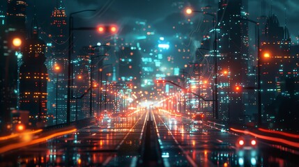 A futuristic cityscape at night, with illuminated smart streetlights, traffic signals, and surveillance cameras, illustrating the concept of a connected urban environment.