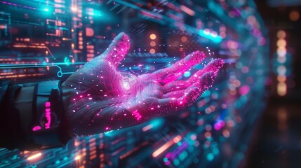 A futuristic depiction of a person's hand being scanned by a fingerprint scanner, with glowing digital patterns and data streams representing the biometric authentication process.
