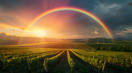 Radiant Rainbow Over Lush Vineyard: A promise of prosperity and abundance as a dazzling rainbow colors the sky above a picturesque vineyard