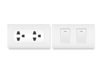 Electric Socket and Switch on the Wall. Save Energy and Electricity Concept. Vector Illustration. 