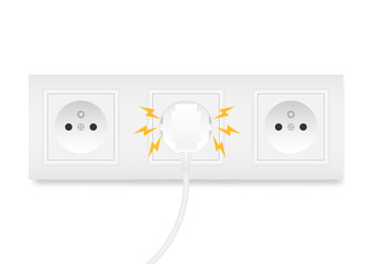 Electricity Short Circuit. Electric Shock. Broken Electric Socket with Spark. Vector Illustration. 