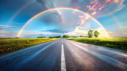Vibrant Rainbow Over Rural Road: A Stunning Photo Realistic Concept of Colorful Path Through Countryside Scenery in Photo Stock