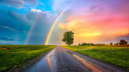 A lone rural road under a striking rainbow offering a path of vibrant colors against a pastoral backdrop