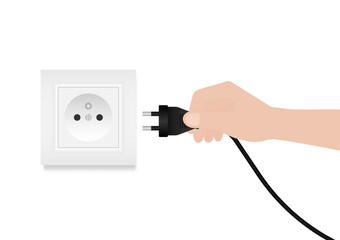 Hand Connecting Plug into Electric Socket. Save Energy and Electricity Concept. Vector Illustration. 