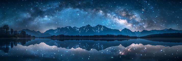 Tranquil Lake Serenity: Starlit Skies Reflecting Cosmos, Photo Stock Concept