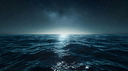Photo realistic Starlit Ocean Horizon: Stars glitter along the horizon blending sea and sky in a seamless tapestry of natural splendor