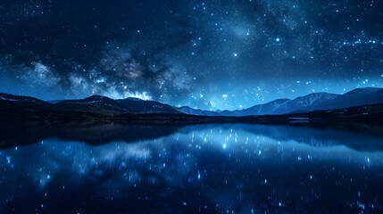 Starry Lake Reflections: Stars Reflecting on Glassy Serene Waters, Enhancing Night s Tranquility   Photo Realistic Concept