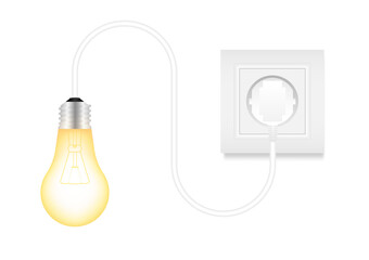 Light Bulb with Plug Connected to Electric Socket. Save Energy and Electricity Concept. Vector Illustration. 