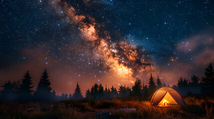Cosmic Camping Adventure: Campers Under Starry Sky Embrace Night of Stories and Campfire Glow   Photo Realistic Concept