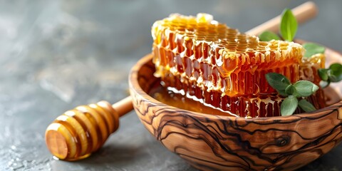 Naklejka premium Closeup of honey dipper in wooden bowl with organic honey. Concept Food Photography, Close-up Shots, Organic Ingredients, Honey Dipper, Wooden Bowl