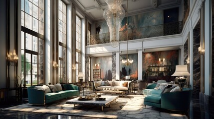 Fototapeta premium A living room with a large balcony, marble columns, and a crystal chandelier. AIG51A.