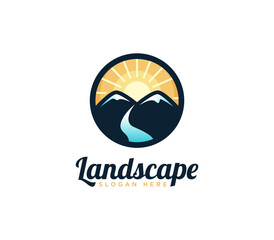 Mountain landscape logo template with sun and river creek illustration