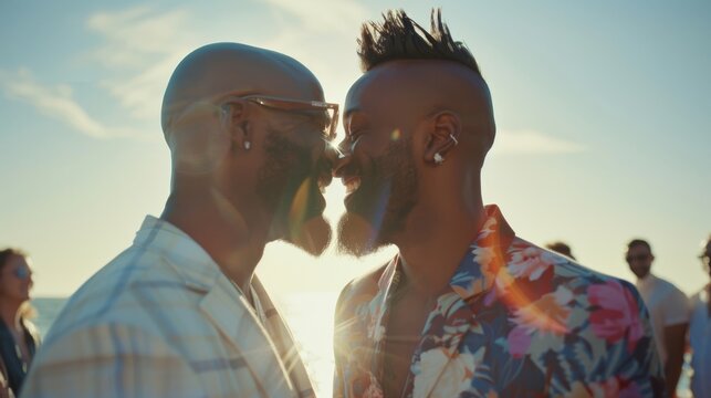 Stunning wedding ceremony at an outdoor venue near the sea. Two happy men celebrate their special day with their diverse, multi-ethnic friends.