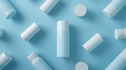Neatly arranged top view of deodorant sprays, captured with perfect clarity and isolated on a plain backdrop, ideal for ads
