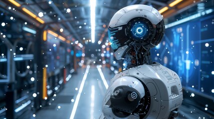 Fototapeta premium An artistic interpretation of artificial intelligence, machine learning, and robotics, with a humanoid robot standing amidst a digital landscape, symbolizing technological advancem