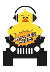 Duck with headphones. Duck on a car. Vector illustration on white background