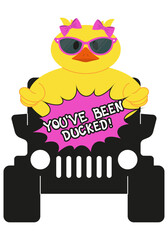 Duck girl. Duck on a car. Vector illustration on white background
