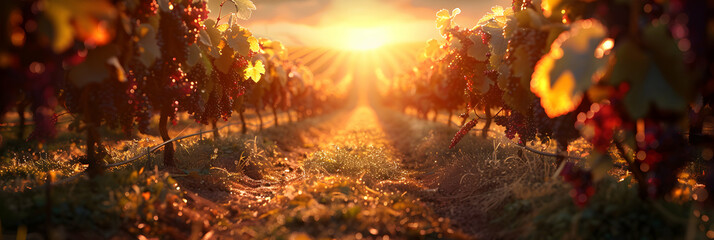 Breathtaking Photo Realistic Sunset Over Vineyards Concept: Rows of Vines Bathed in Golden Hues Ready for Harvest
