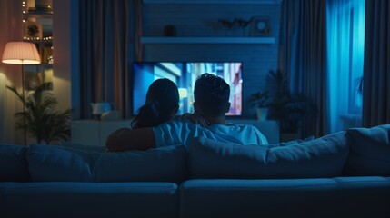 Naklejka premium A couple spends time at home watching the latest blockbuster on their flat screen television set. They are using a home cinema system to stream a movie or show.
