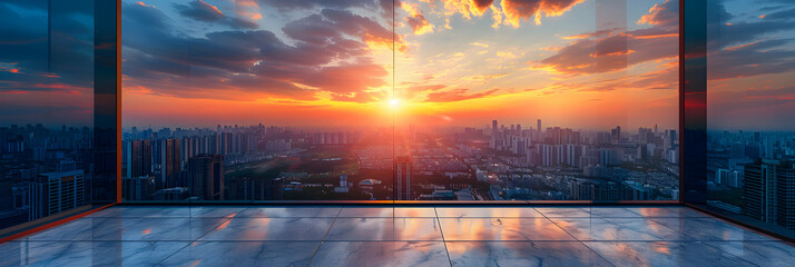 Vibrant Urban Rooftop Sunset: A photo realistic concept of a cityscape against a fading sun as viewed from an urban rooftop at dusk   Stock Photo Concept
