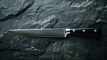 Focused shot of a classic kitchen knife from above, arranged on a black stone surface, isolated with studio lighting for advertising
