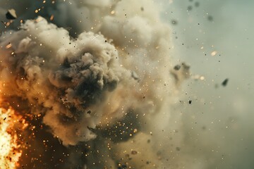 Fototapeta premium Explosion with flame smoke and dust in the street without people. Military Concept. Strength, power. Detonation with lots of smoke, fire and sparks. Fiery bomb dust particles splash. Catastrophe. War