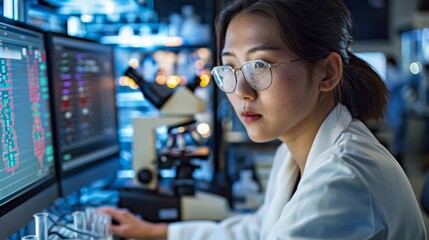 Capture a high-resolution photograph of a female chemist examining genetic data on a computer screen in a modern laboratory setting.