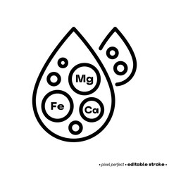 Hard water thin line icon. Water drop with minerals. Editable stroke. Vector illustration.