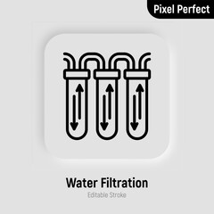 Water filtration system thin line icon. Water purification. Pixel petfect, editable stroke. Vector illustration.