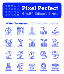 Water treatment thin line icons set: sewage treatment, water filtration, wastewater, ocean pollution, cleanup, clean water act, chlorinated, ultraviolet cleaning. Editable stroke. Vector illustration.