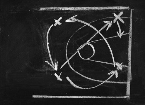 Basketball tactics drawn, isolated on black chalkboard background and texture	