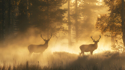 Morning Mist Wildlife: Animals Revealed in Shadowy Elegance, Offering Glimpse into Elusive Lives in Photo Realistic Concept