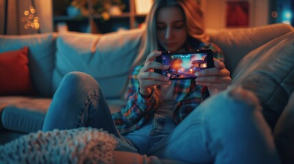 Obraz premium On a sofa in living room, a female plays an interactive PvP Shooter video game on her smartphone. A close-up POV picture of the screen of the smartphone.
