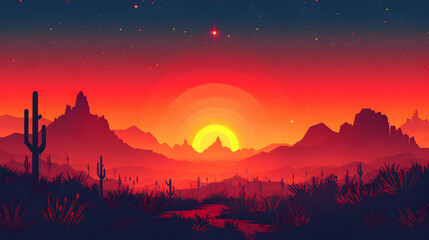 Desert Sunset Serenity: The desert comes alive at sunset with cacti silhouettes against a fire red sky, offering a moment of serenity in a simple flat design icon illustration.
