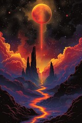 Fototapeta premium A painting of a red moon over mountains and water, AI
