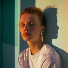 Woman in white t-shirt in sunset light