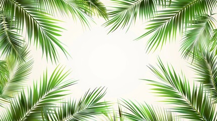 An illustration of tropical plants with coconut palm foliage bordered with a tropical frame. Tropical plants isolated on a transparent background. Summer banner template with a border of coconut palm