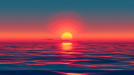 Oceanic Sunset Splendor: The Sun s Vibrant Dance Over the Horizon   Flat Design Icon