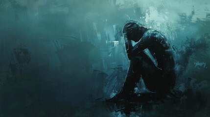 Obraz premium solitary figure sitting or standing in the center of the image, representing the isolating nature of depression, woman’s face with sad facial expression