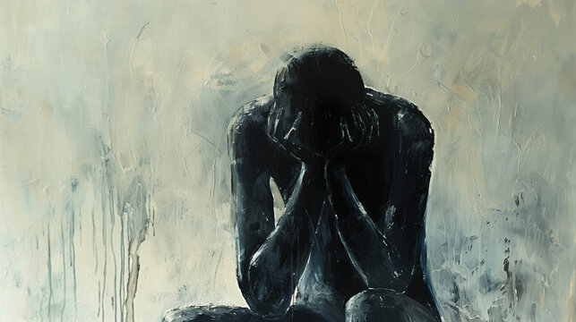 solitary figure sitting or standing in the center of the image, representing the isolating nature of depression, woman’s face with sad facial expression