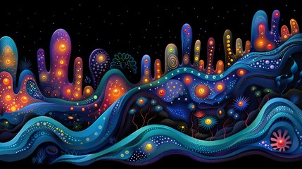 A painting of a colorful landscape with glowing lights and flowers, AI