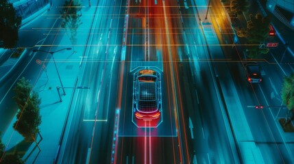 Here is an aerial top-down view of an autonomous self-driving car moving along a city highway. An AI visualization concept shows high-tech sensors scanning the road ahead for vehicles, dangers, and