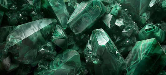 An array of emerald green crystals, their edges glistening under the soft light and casting intricate shadows on the dark background