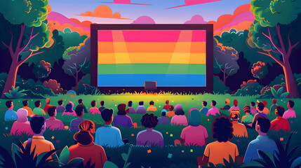 Vibrant LGBTQ Outdoor Movie Night Concept: Community Bonding Experience with Pride Films and Documentaries   Flat Design Icon