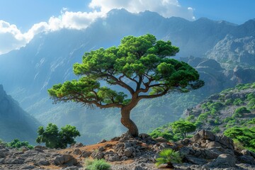 Obraz premium Cedar Tree in a Mountain Landscape: Majestic tree against rocky terrain. 